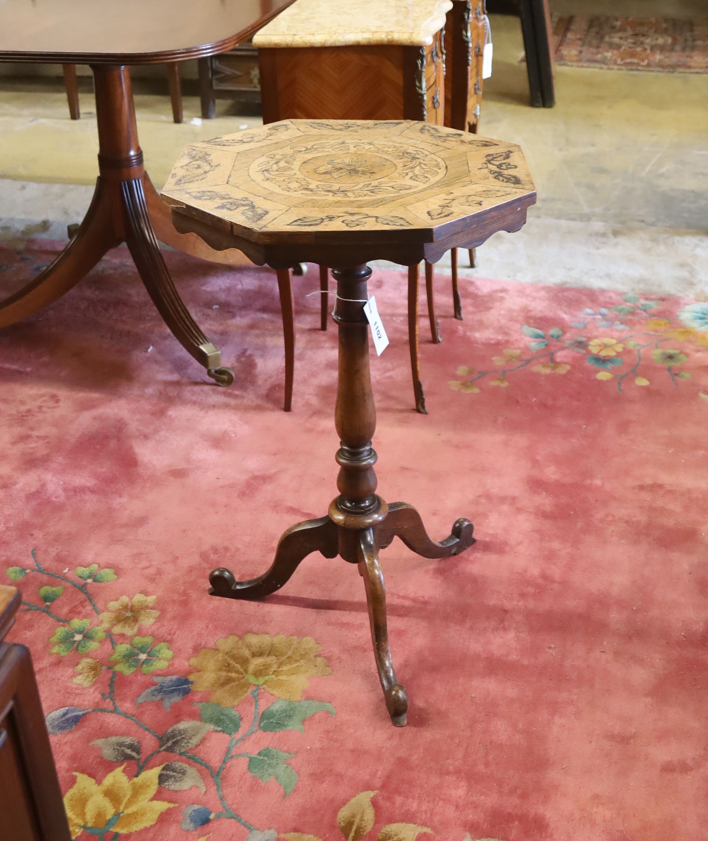A Victorian inlaid rosewood octagonal marquetry tripod wine table, width 43cm, height 68cm